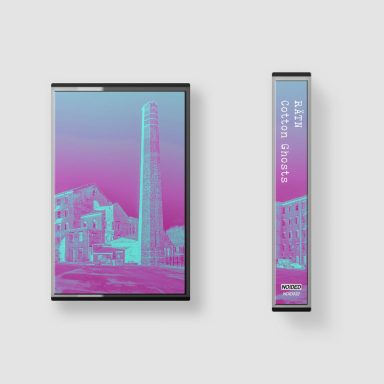 RÄTN - Cotton Ghosts A cassette tape with a vibrant geometric design featuring a tower and abstract background.